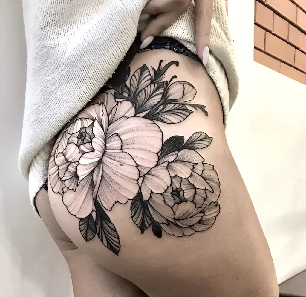 Black and grey tattoo of peonies on the buttock, done in the dotwork technique, with an emphasis on the detail of petals and leaves.