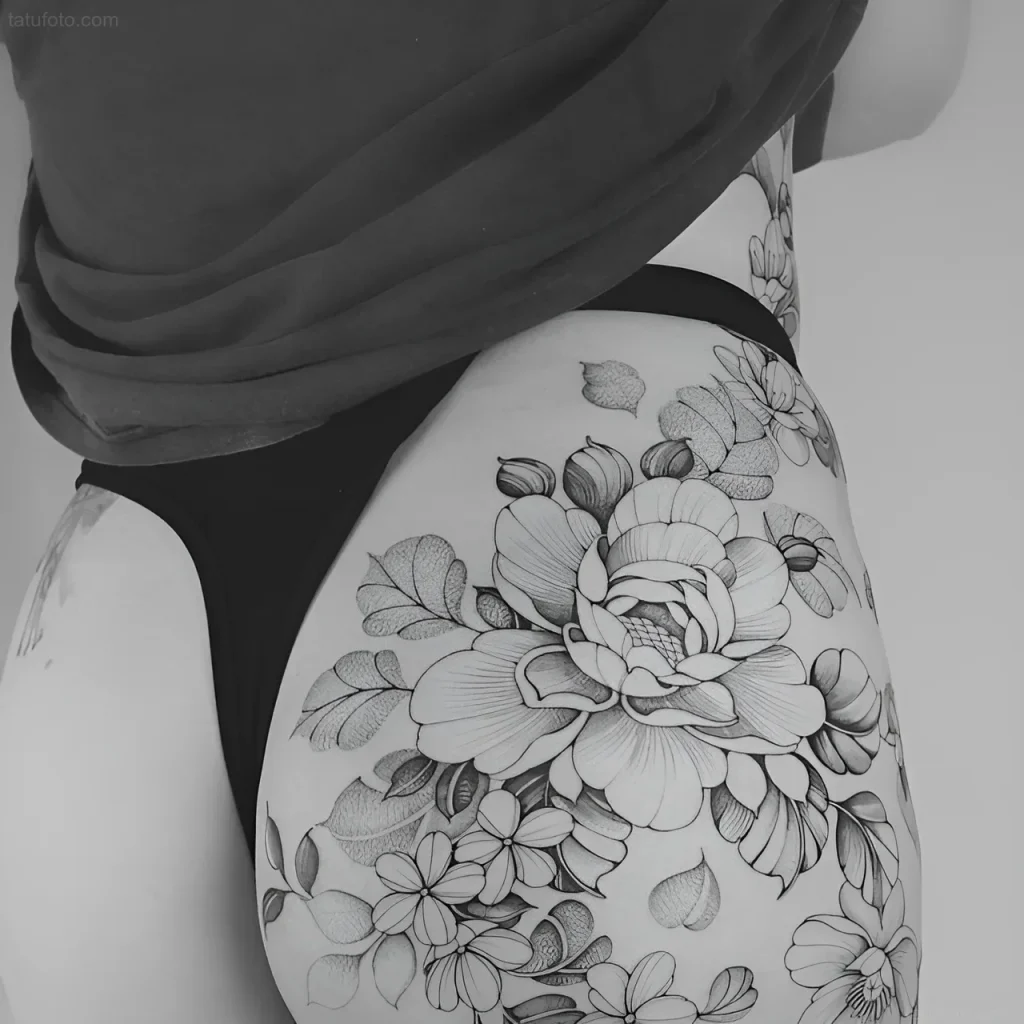 Black and white peony tattoo on the buttock, in dotwork technique, with emphasis on petal and bud detail.
