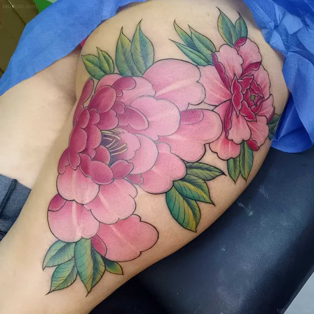 Photo of a tattoo: lush pink peonies with green leaves on the buttock, in realism with watercolor elements.