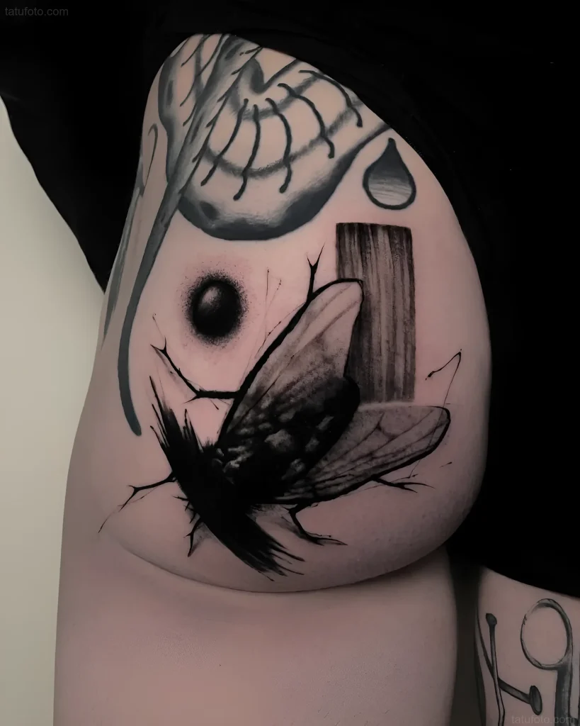 Black and white fly tattoo on the buttock with surreal elements: an eye, a column, and a drop.