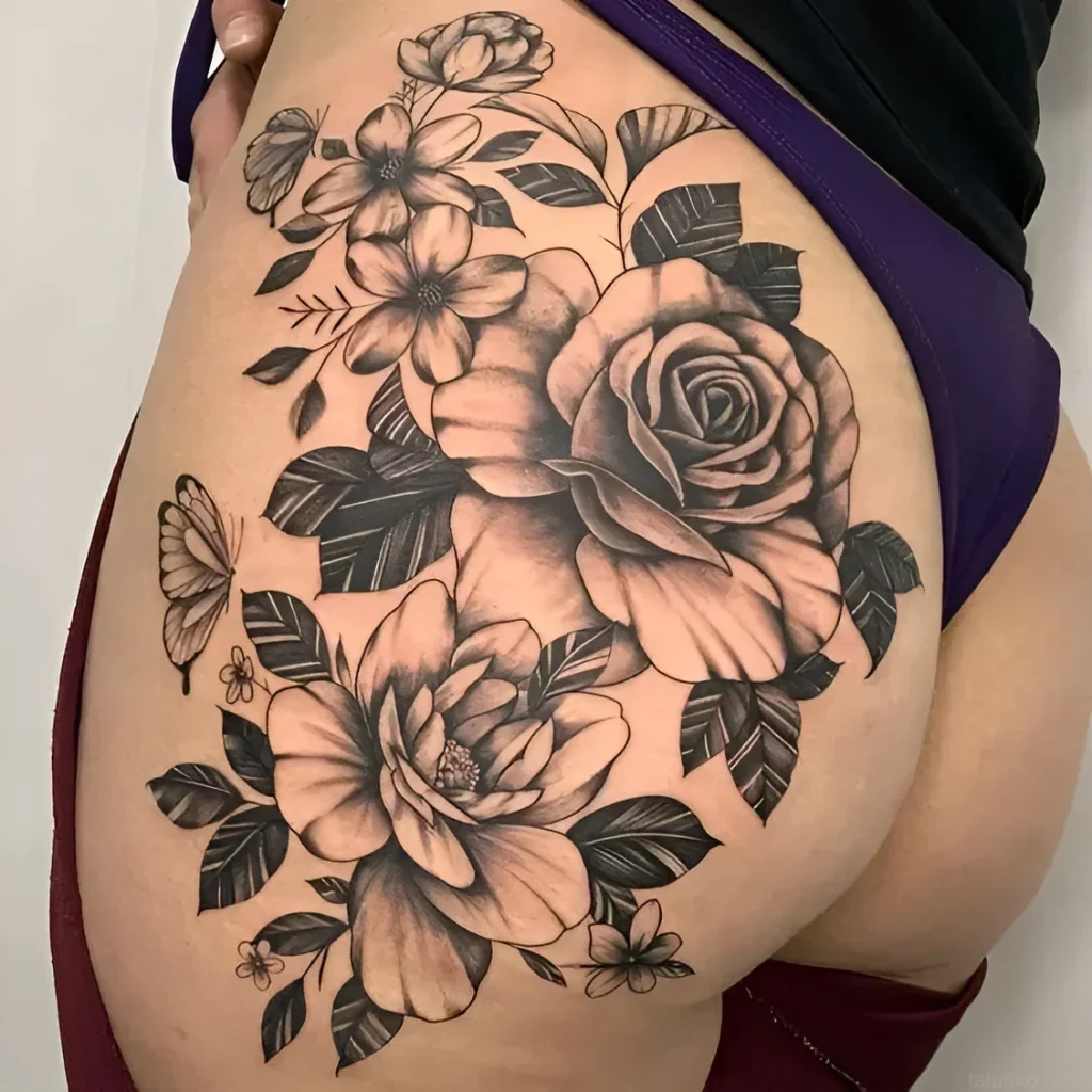 Black and white tattoo with realistic images of roses, magnolias, and butterflies, done on a woman's buttock.