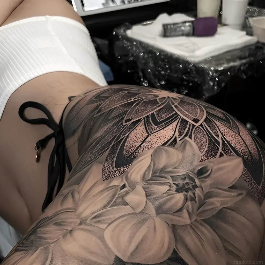 Black and grey lotus and peony tattoo on the buttock, in dotwork and realism technique, with emphasis on smooth lines and detail.