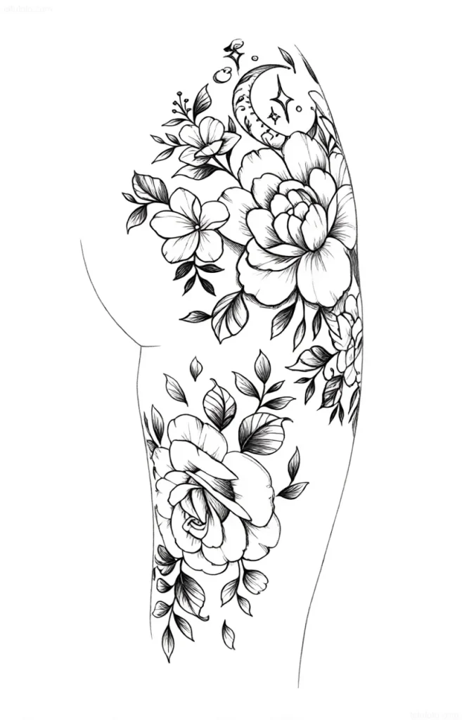 Black and white sketch of a buttock tattoo with roses, peonies, leaves, and a crescent moon, done in a graphic style.