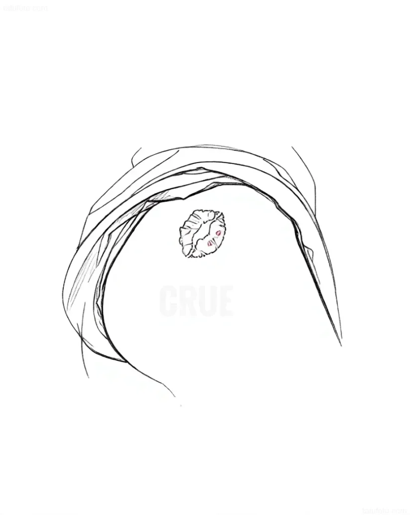 Black and white sketch of a buttock tattoo: a brain enclosed in a wreath of leaves, done in a minimalist style.