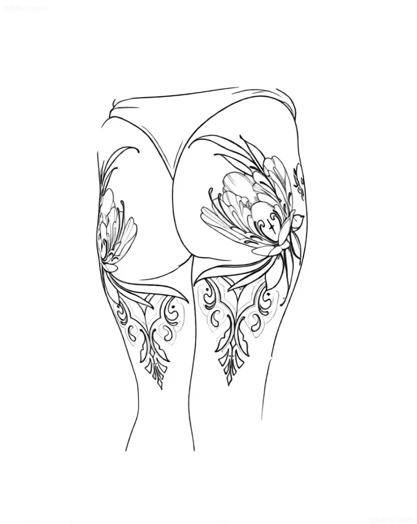 Black and white sketch of a buttock tattoo with blooming peonies and floral ornaments, done in a graphic style.