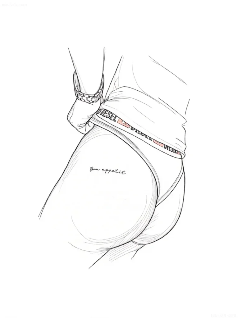 Sketch of a buttock tattoo: a stylized image of a female figure in lingerie with the inscription "Bon Appetit" in an elegant font.
