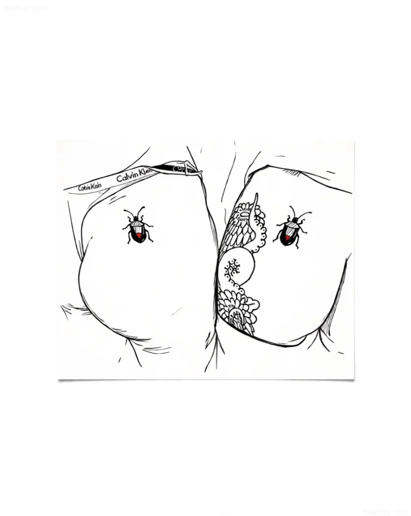 Black and white sketch of a buttock tattoo depicting two ladybugs, one of which is on a lace pattern.