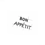 Черно-белая татуировка надписью "Bon Appétit" на ягодице, выполненная в стиле грубой графики, эскиз для тату-мастера.