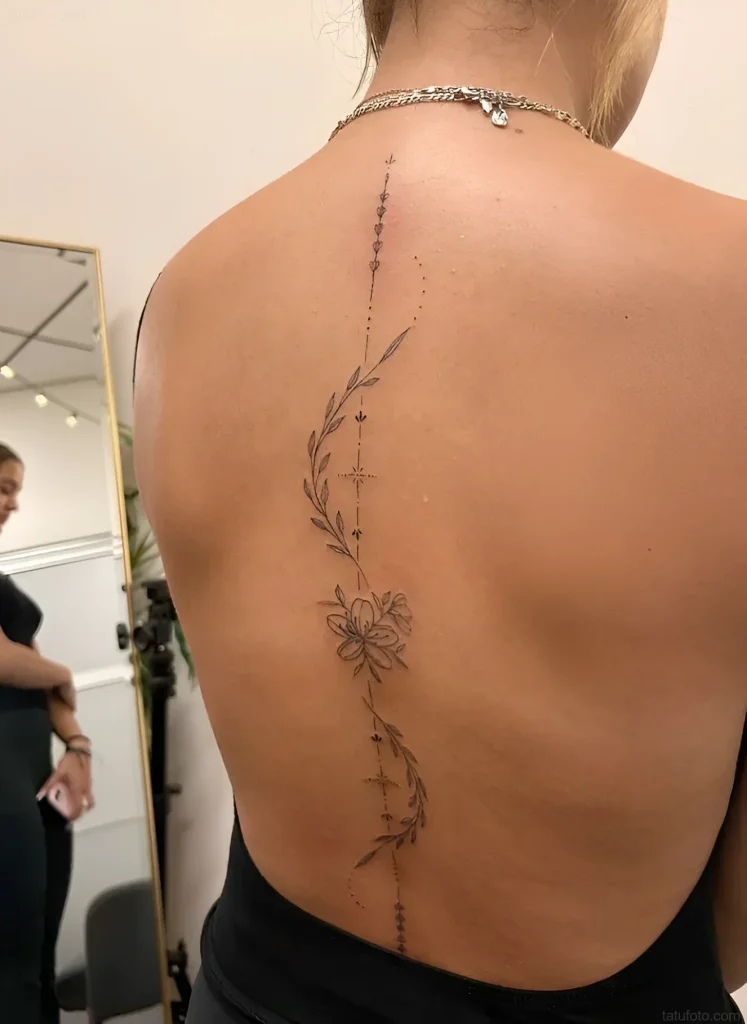 Photo of a tattoo on a girl's back: a thin line tattoo with a lotus flower, a cross, and floral elements along the spine.