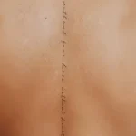Фотография татуировки вдоль позвоночника с надписью 'Dream without fear, Love without limits' выполненной тонкой линией, на загорелой женской спине.