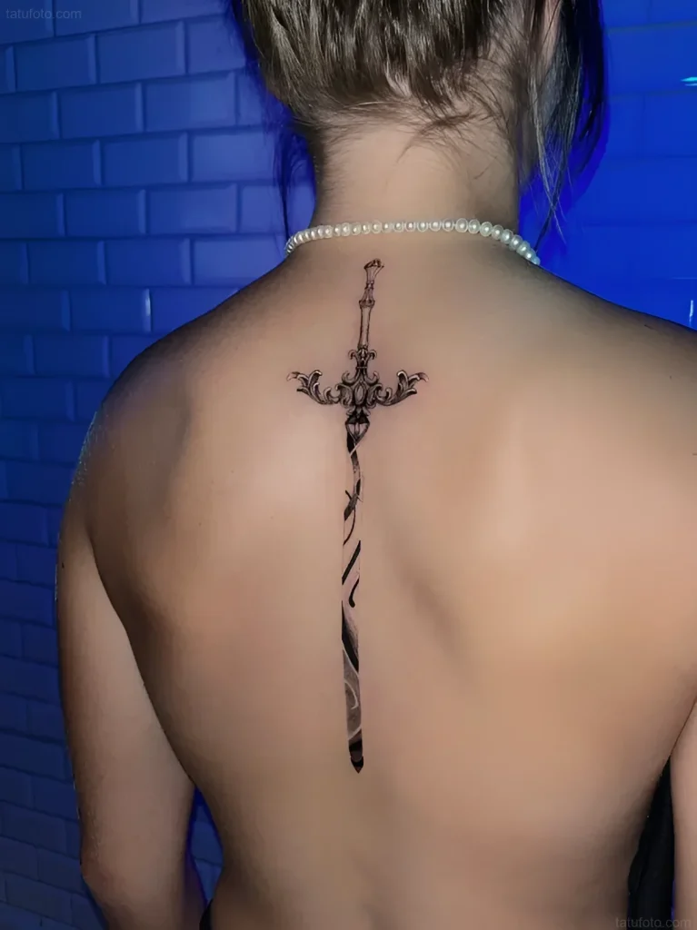 Black and white tattoo of a sword, positioned vertically along a girl's spine, with a detailed hilt and blade.