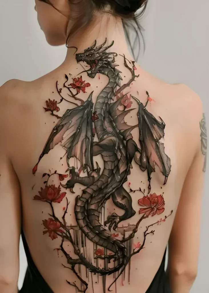 Photograph of a dragon tattoo along a girl's spine, done in watercolor realism style with added red sakura flowers.