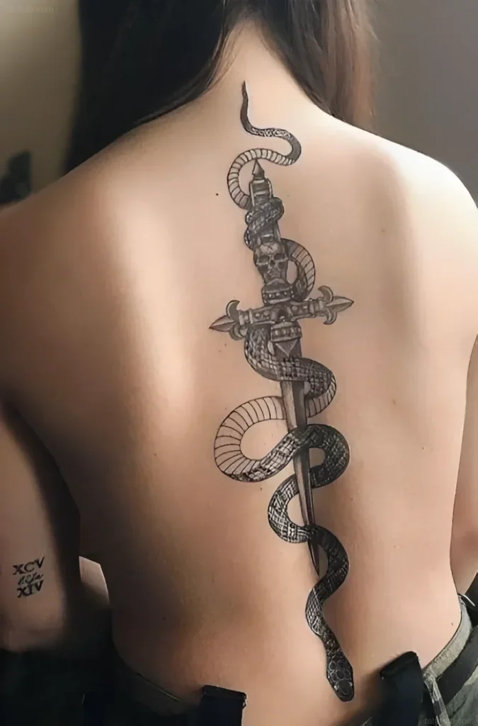 Photograph of a girl's back tattoo: a long tattoo along the spine depicting a snake coiling around a dagger with a skull.