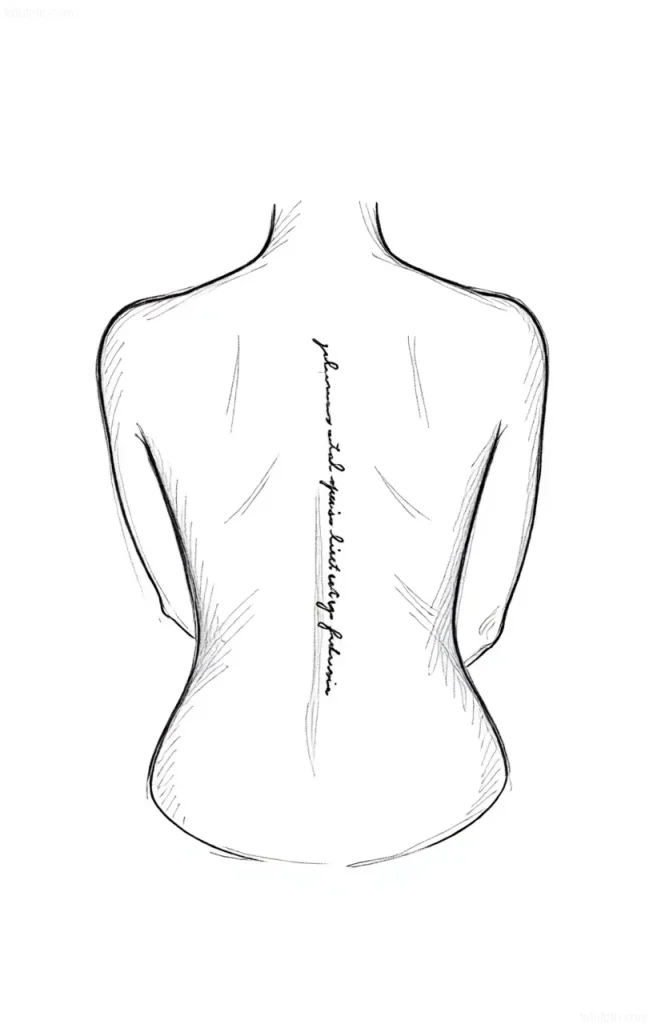 Tattoo sketch: A woman's back with a thin inscription running along the spine, done in a calligraphic font.