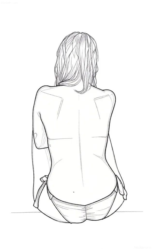 Black and white sketch of a back tattoo depicting a female figure sitting with her head bowed, emphasizing the curve of the spine.
