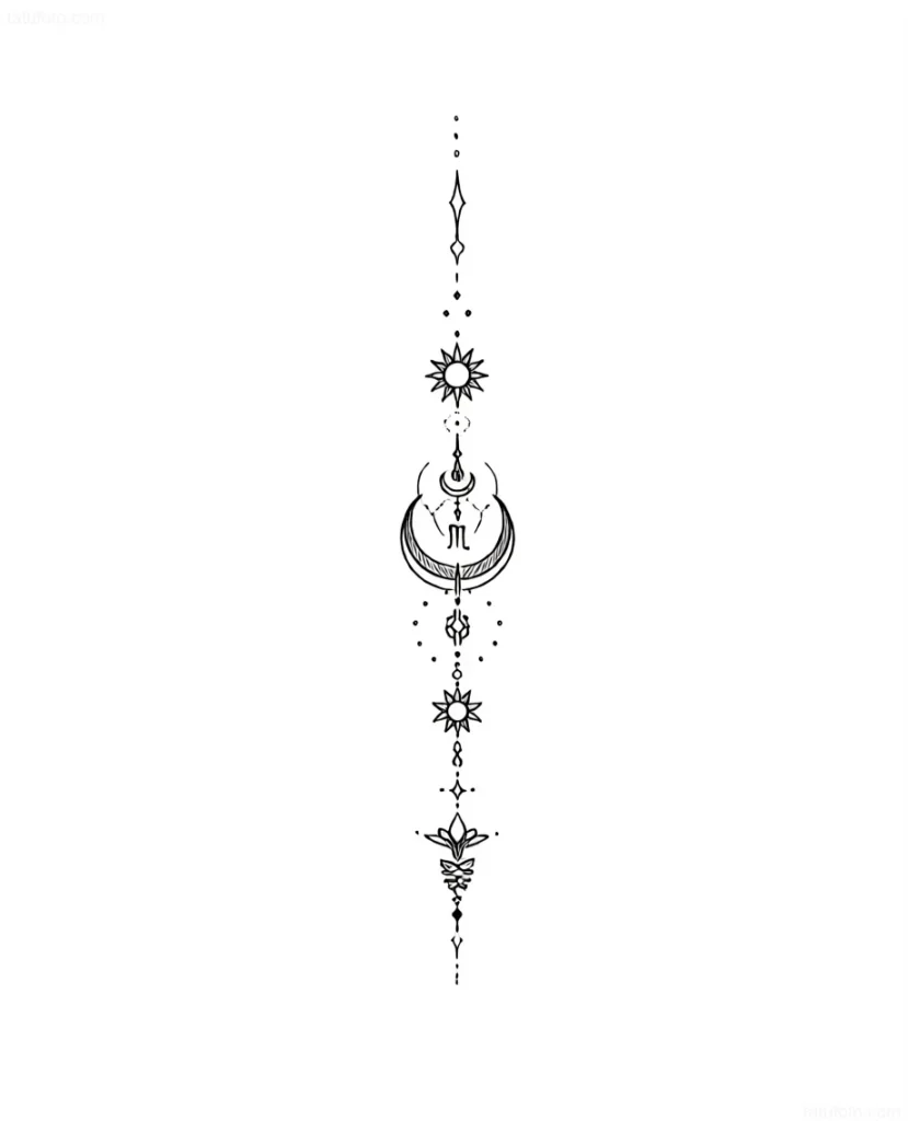Black and white tattoo along the spine depicting the moon, sun, and the Scorpio zodiac symbol, done in a minimalist style.