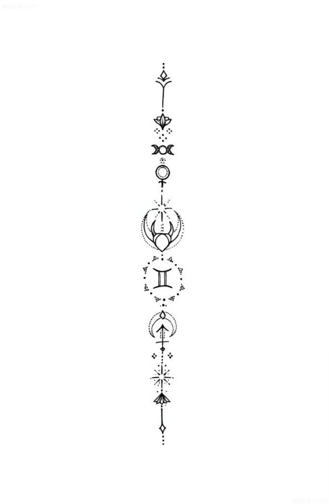 Black and white tattoo along the spine depicting astrological symbols, a crescent moon, the sun, and geometric patterns.