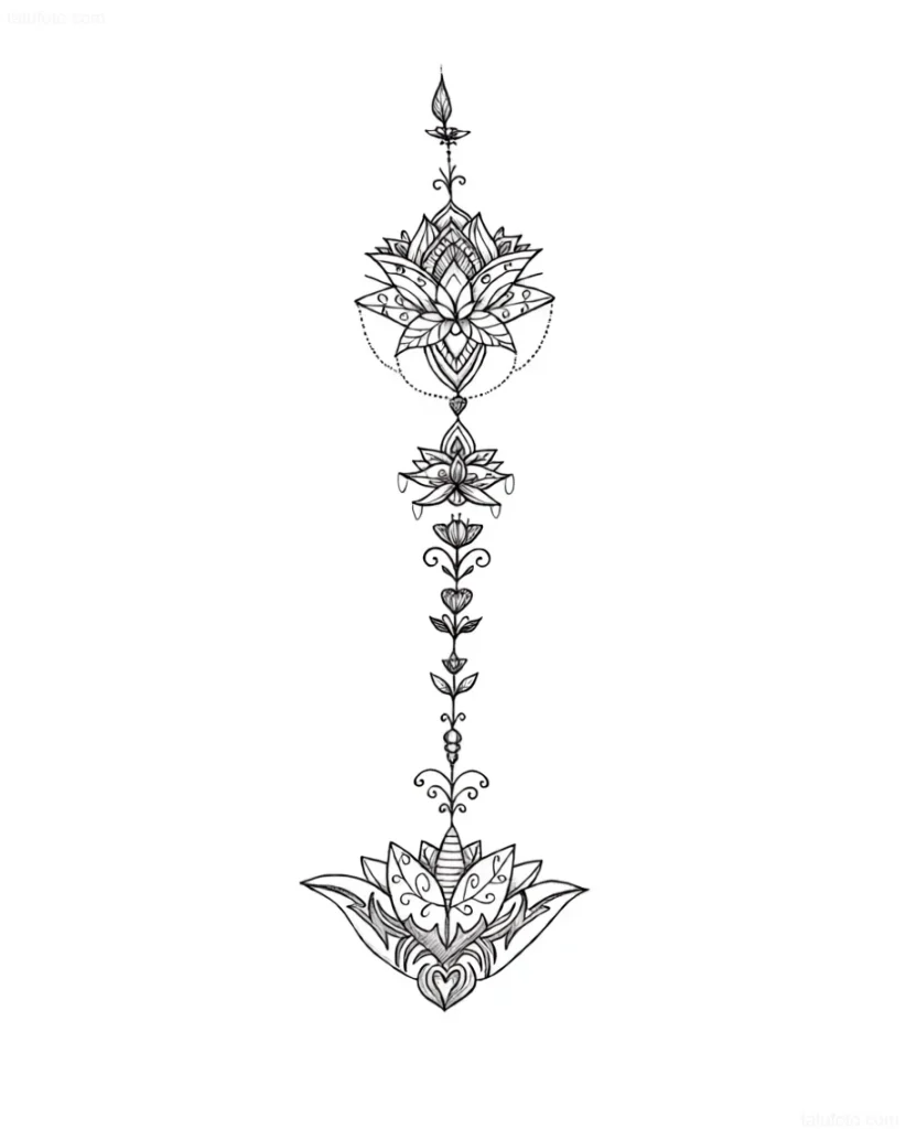 Black and white tattoo sketch along the spine depicting a mandala, flowers, and floral ornaments, done in a graphic style.
