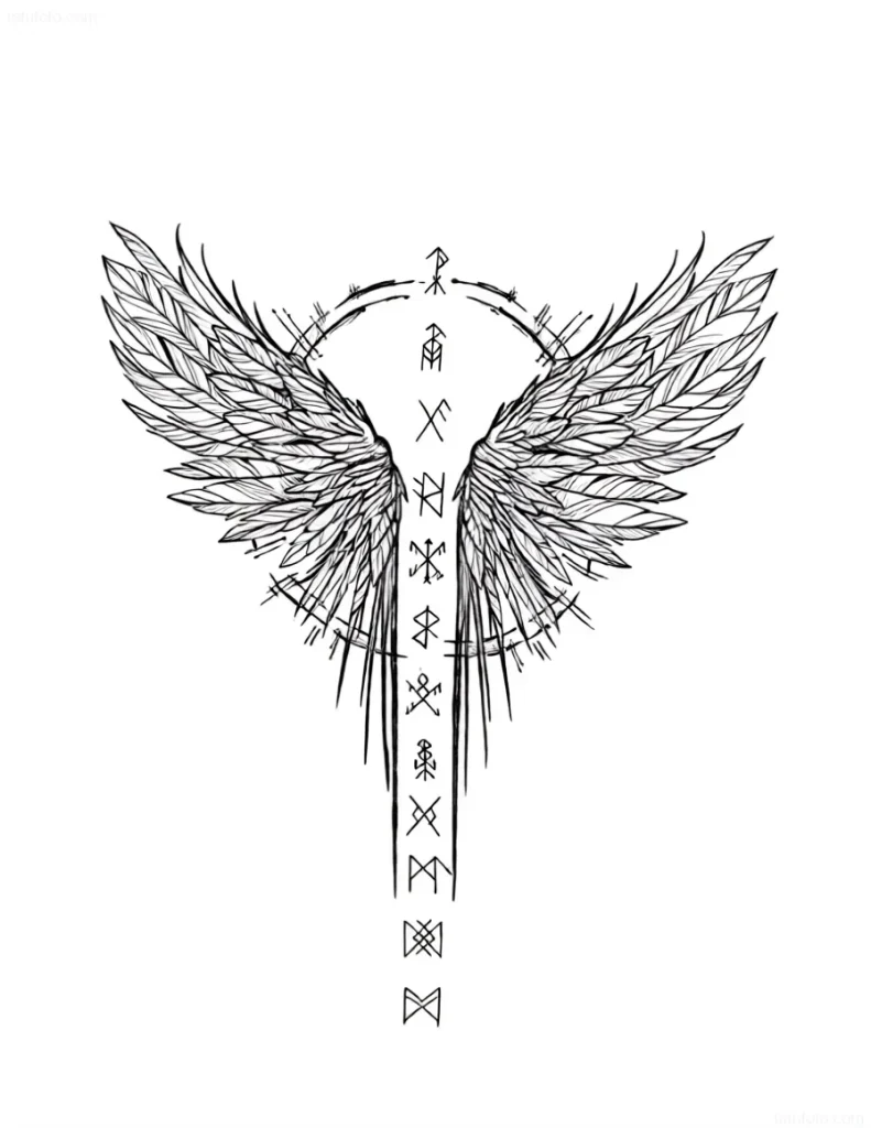 Black and white tattoo sketch along the spine depicting spread wings and a vertical line of runes
