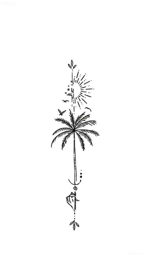 Black and white tattoo sketch along the spine: a stylized palm tree, sun, and flying birds, done in fine graphic style.