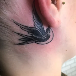 Миниатюрная татуировка ласточки в технике blackwork, выполненная за ухом, на нежной коже.