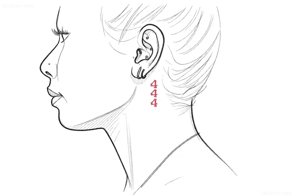 耳后纹身草图:女性侧脸,颈部纹有'444'字样,采用图形风格.