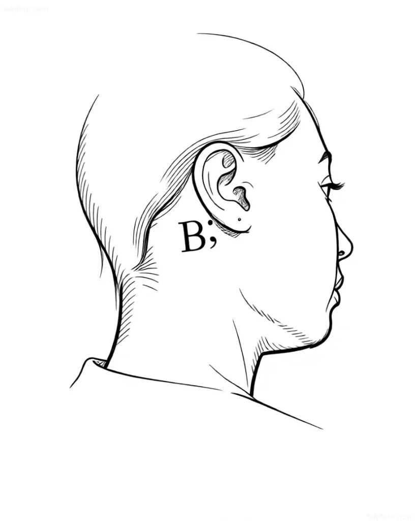耳后纹身草图,纹有风格化的字母'B',采用图形风格,用黑色线条绘制在女性侧脸轮廓的背景上.