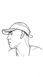 Черно-белый эскиз татуировки за ухом: профиль молодого человека в кепке с иероглифами на шее, выполненный в графичном стиле.