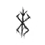 Черно-белая татуировка за ухом: Знак Бездны из аниме Berserk, выполненный в графичном стиле.