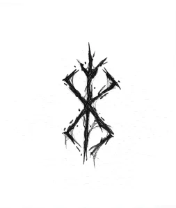 Черно-белая татуировка за ухом: Знак Бездны из аниме Berserk, выполненный в графичном стиле.