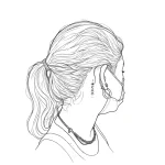 Эскиз татуировки за ухом: контурный рисунок девушки в профиль с маленькой звездочкой и цепочкой, ниспадающей вдоль шеи.