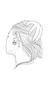 Черно-белый эскиз татуировки за ухом: профиль девушки с поднятой рукой и цифрами 777 вдоль шеи