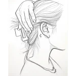Черно-белый эскиз татуировки за ухом с изображением женской руки, укладывающей волосы, и маленького полумесяца