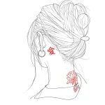 Эскиз татуировки за ухом: женский профиль с иероглифом 'любовь' и цветком лотоса, выполненный в минималистичном стиле.