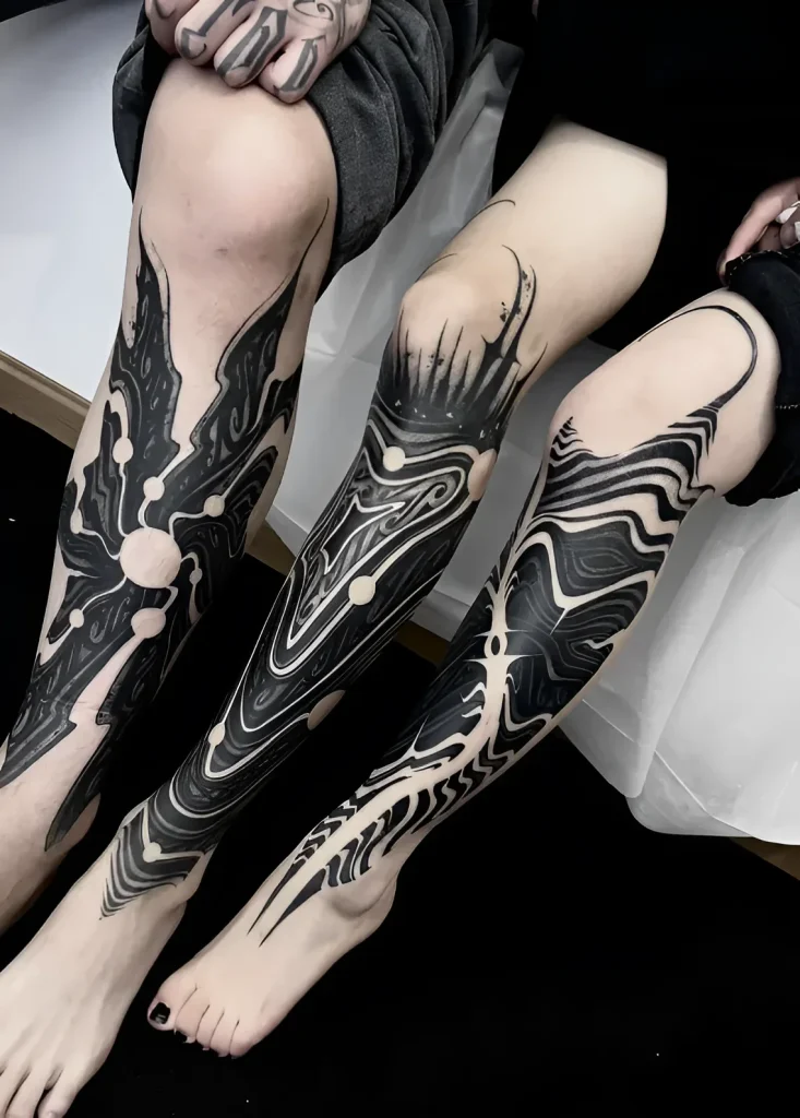 Black and white calf tattoo in Blackwork style with abstract wavy patterns, showcasing the anatomical curves of the legs.