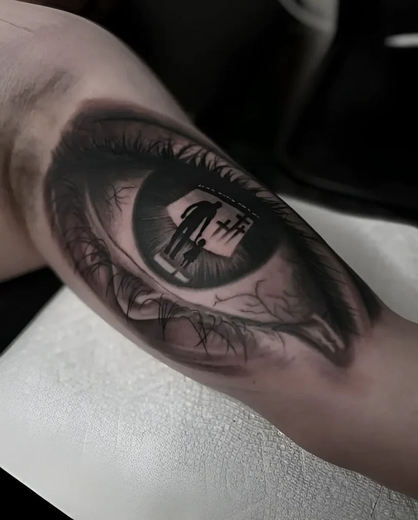 Tatouage noir et blanc sur le biceps : un œil réaliste dont la pupille reflète la silhouette d'une personne près d'une croix sur fond de paysage sombre.