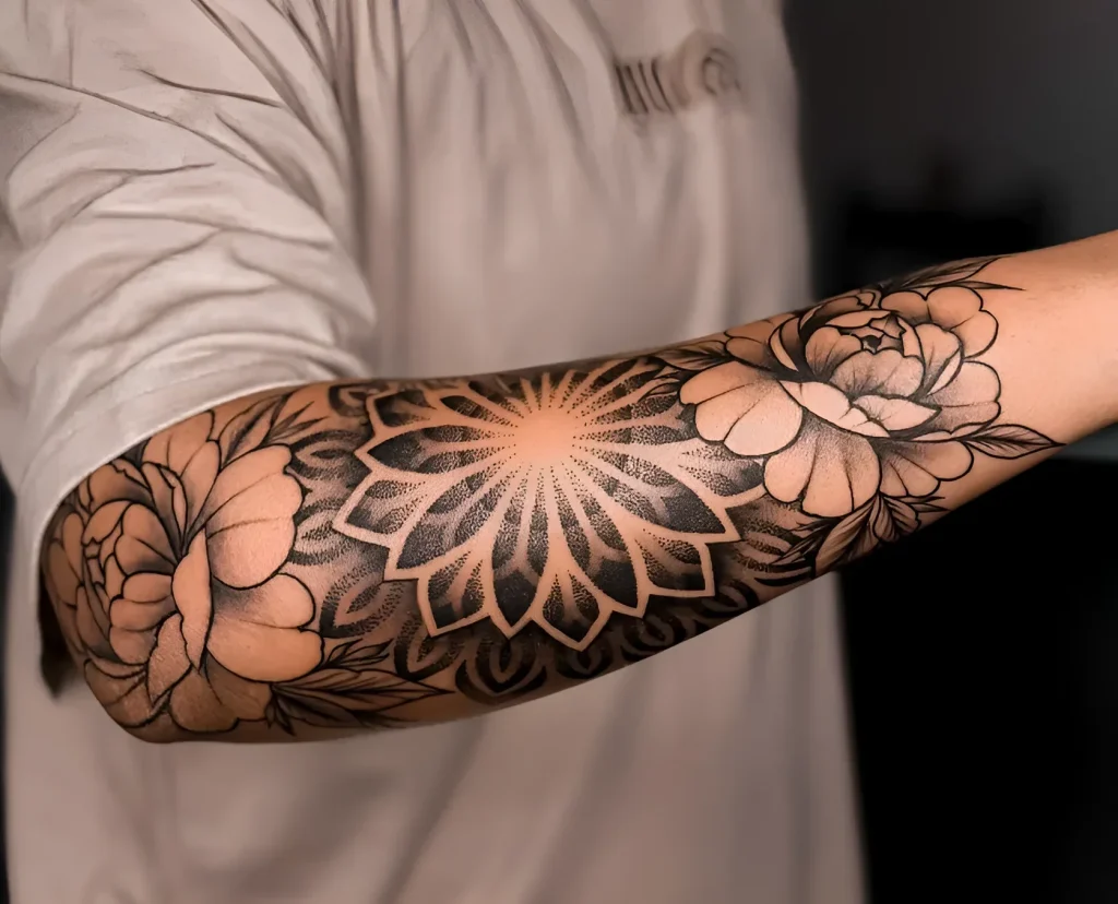 Black and white tattoo of a mandala with peonies on the forearm, done in dotwork and graphic techniques.