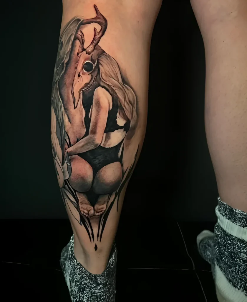 Black and grey calf tattoo: a woman in lingerie merging with a deer skull, realistic style