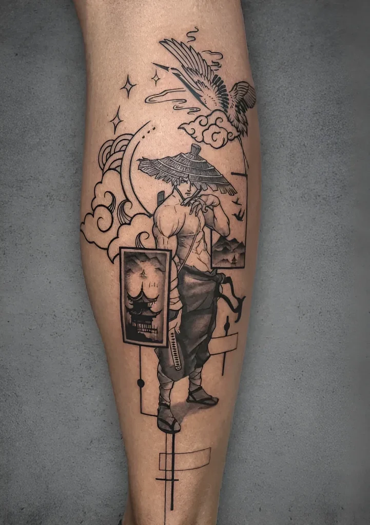 Black and white calf tattoo depicting a Japanese artist painting a landscape, in a graphic style with elements of traditional Japanese painting.