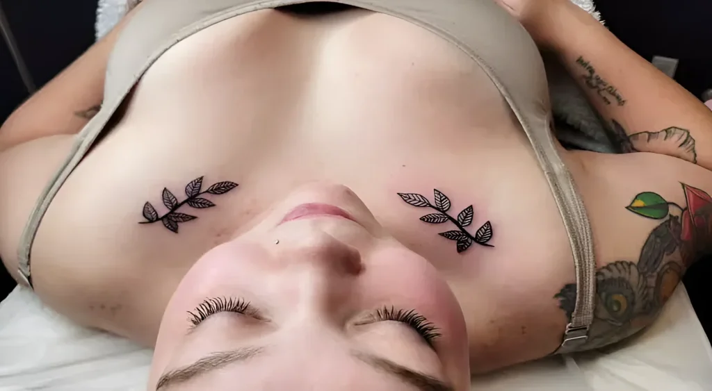 Photo of a tattoo: two thin branches with leaves, done in linework technique, placed symmetrically under the collarbones of the girl.
