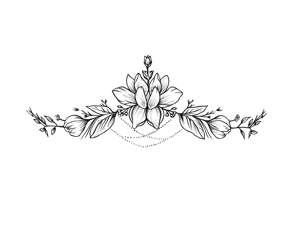 Black and white tattoo sketch under the breast with an image of a blooming flower and ornamental pattern, done in linework technique.