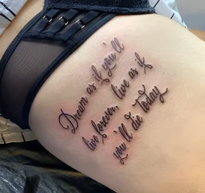 Фотография татуировки на боку женщины: изящная надпись "Dream as if you'll live forever, live as if you'll die today" выполненная тонкой линией.