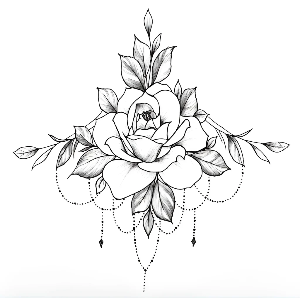 Black and white tattoo of a rose under the breast with detailed petals and cascading beads, done in linework technique.