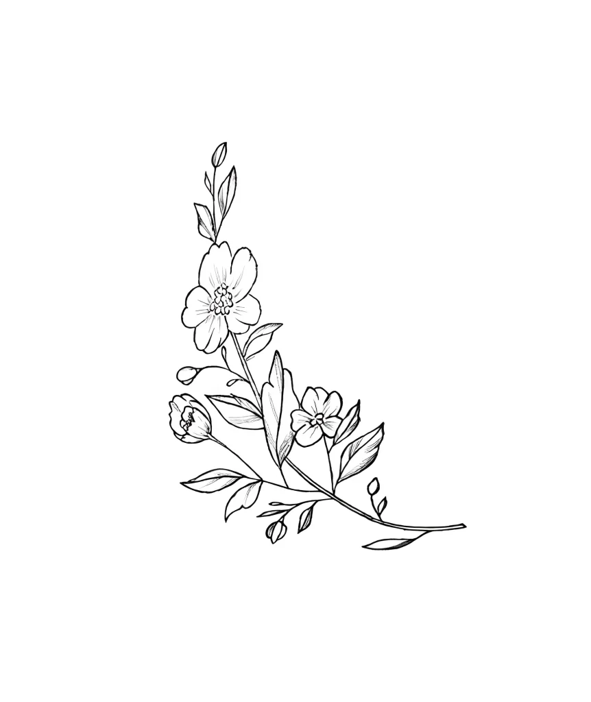 Black and white tattoo sketch with an image of an apple branch with buds and leaves, perfectly suited for placement under the breast