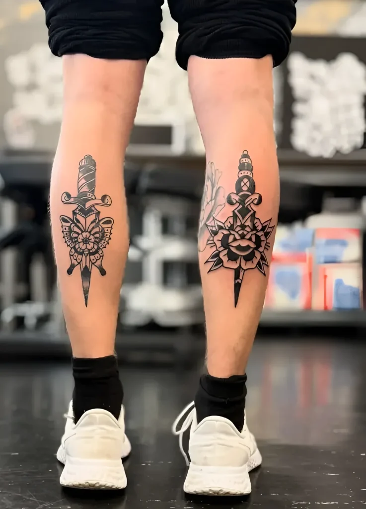 Photo of a calf tattoo: symmetrical design with a dagger piercing a rose, done in traditional old school style with clear outlines and limited color palette.