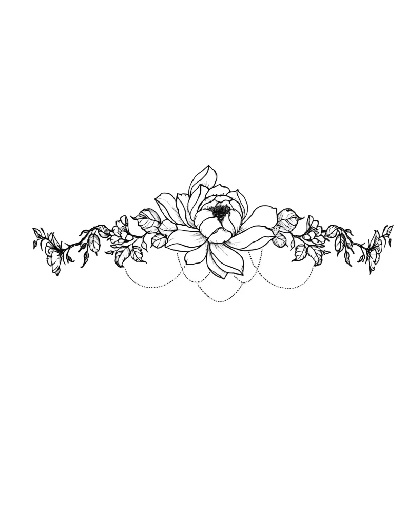 Black and white tattoo of a peony under the breast, done in linework technique with added dot shading and delicate chains.