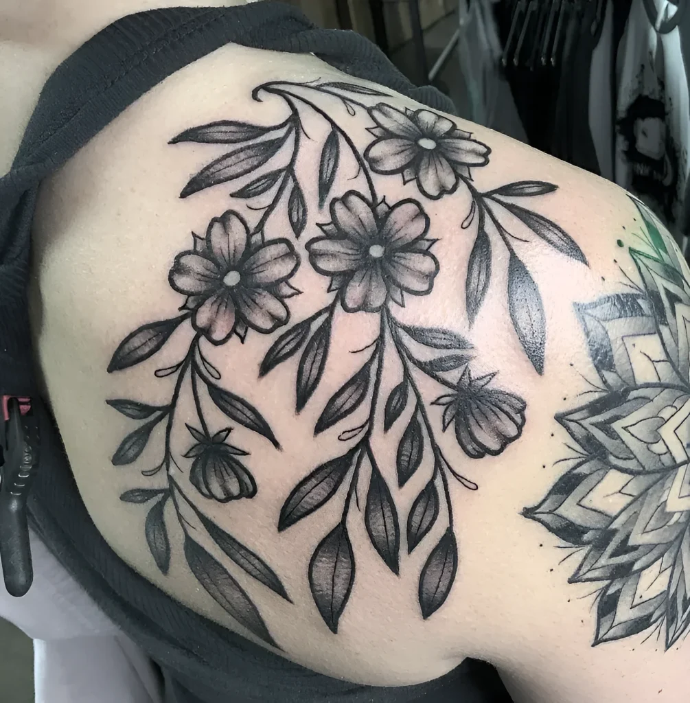 Black and white tattoo of a chamomile branch on the shoulder blade, done in a graphic style with smooth tonal transitions.