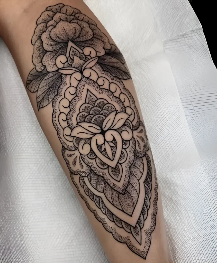 Black and white calf tattoo depicting a mandala and a peony flower, done in dotwork technique.