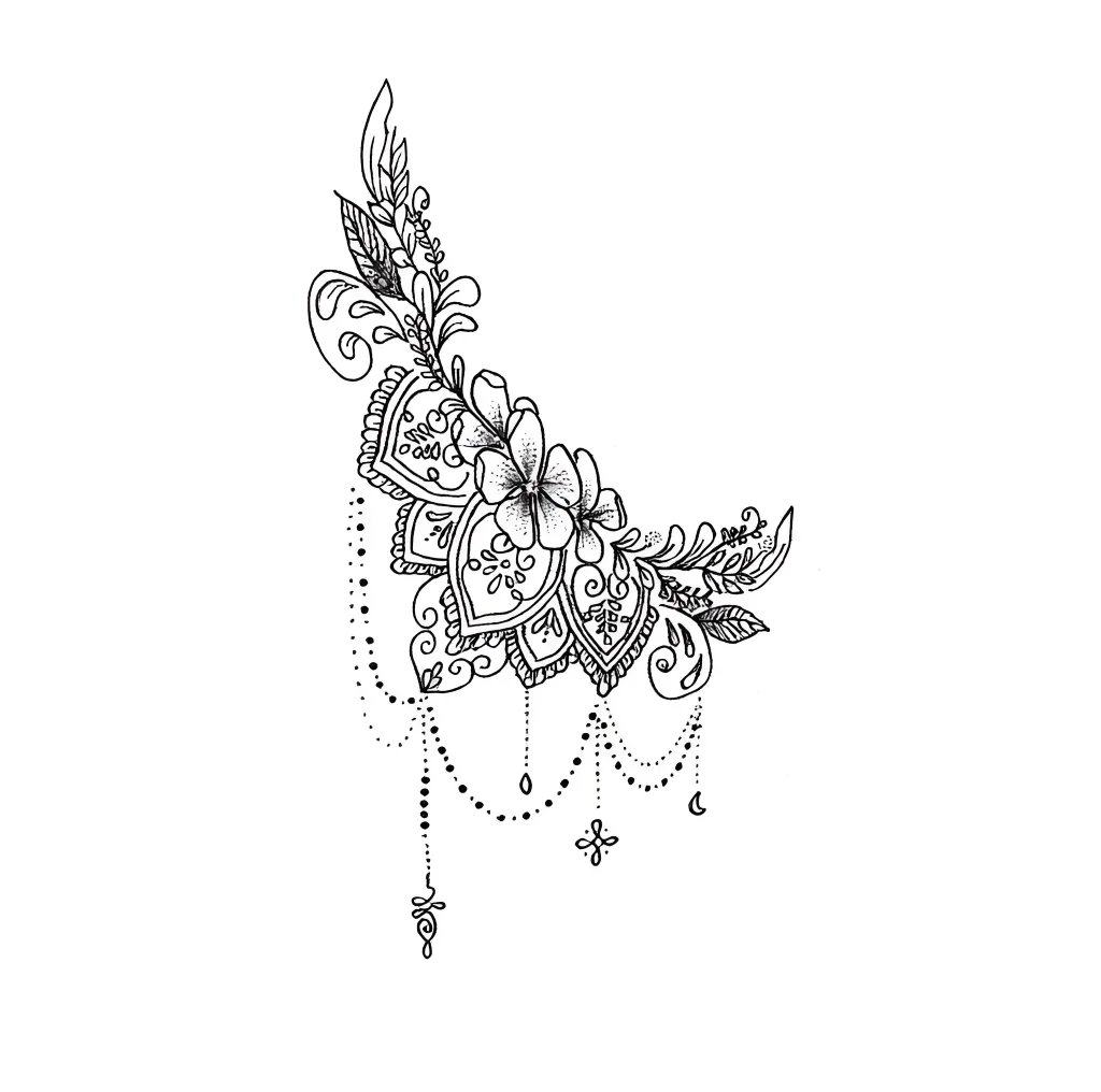 Black and white tattoo sketch under the breast with detailed ornament and flowers, done in graphic style.