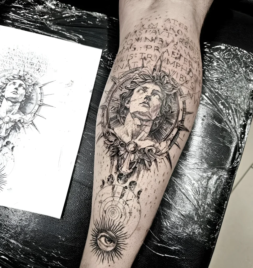 Black and white calf tattoo for men: portrait of an ancient statue surrounded by a compass, geometric figures, and a Latin inscription.